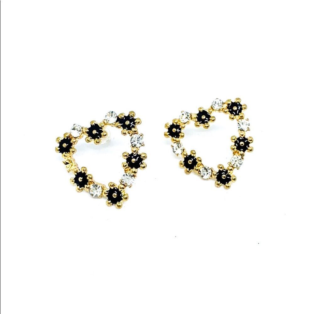 Black Rhinestone Mini Heart Hoop Gold Earrings